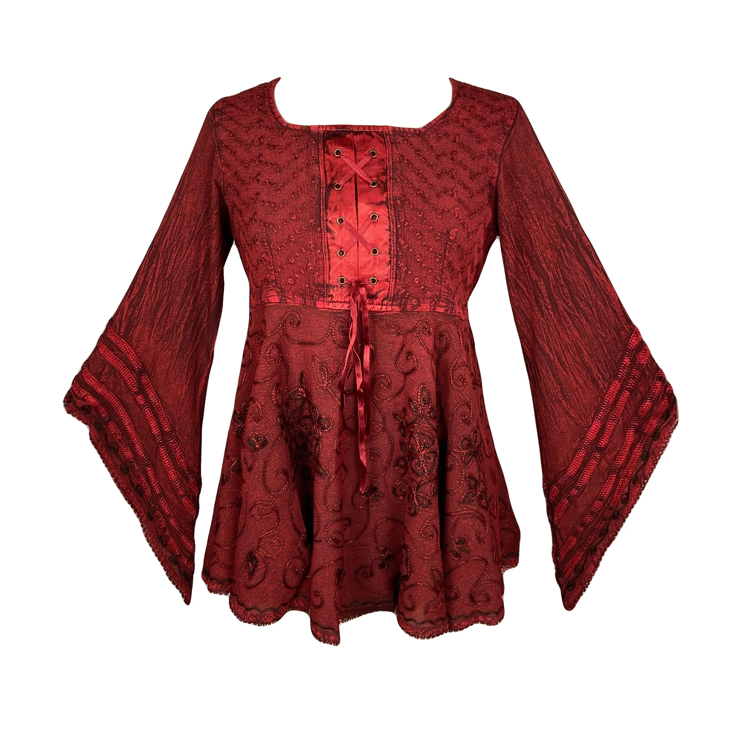 211 B Exquisite Diamond Neck Bell Sleeve Crape Corset Embroidered Blouse