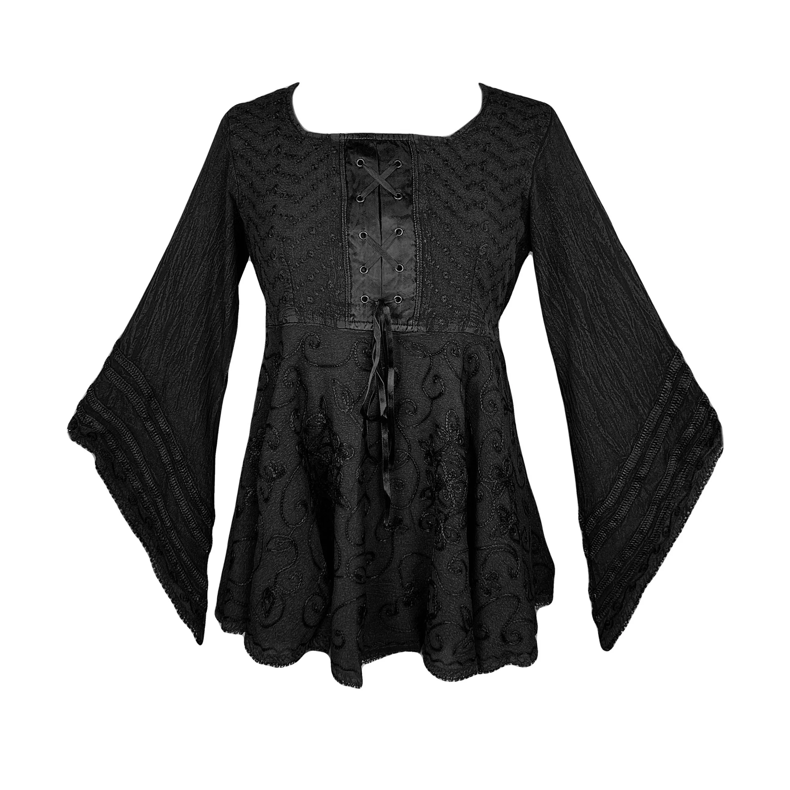 211 B Exquisite Diamond Neck Bell Sleeve Crape Corset Embroidered Blouse