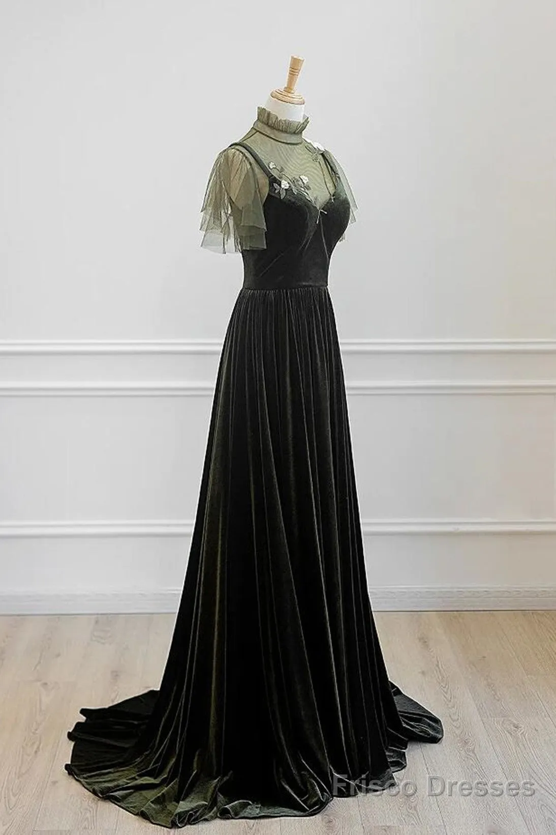 A-Line Green Velvet Long Wedding Party Dress, High Neckline Prom Dress Evening Dress