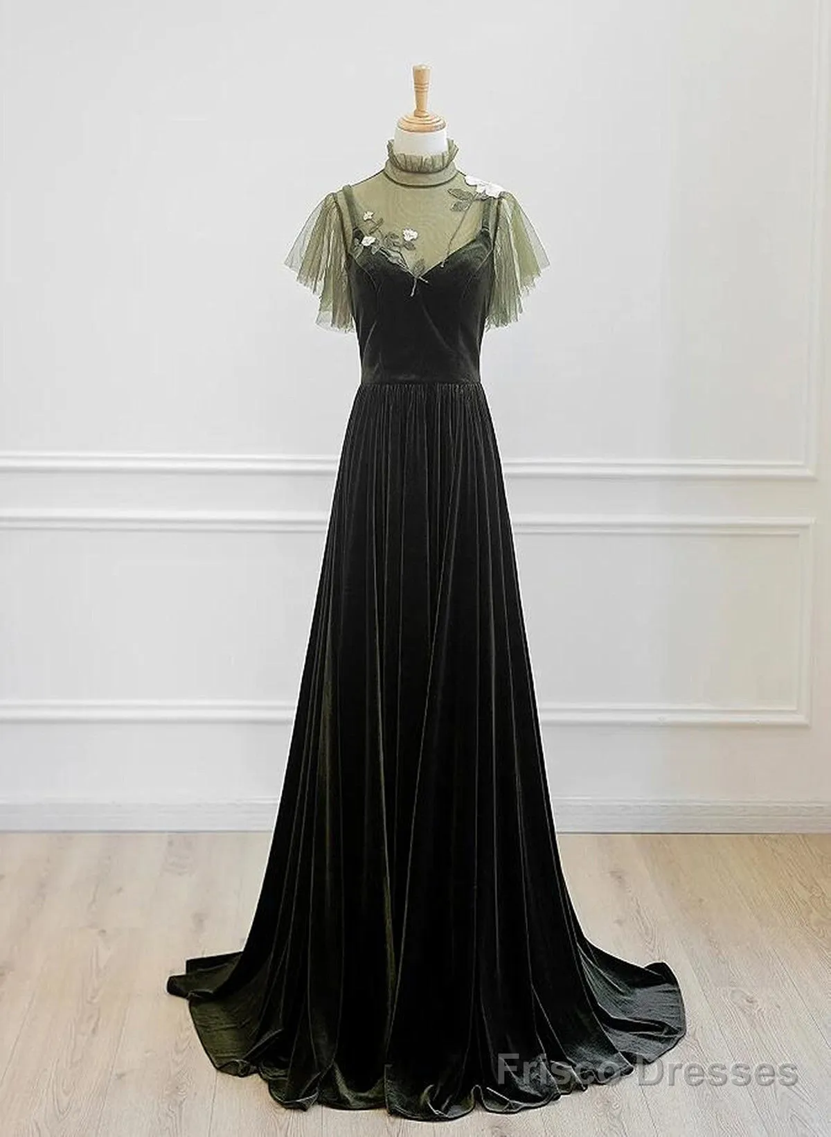 A-Line Green Velvet Long Wedding Party Dress, High Neckline Prom Dress Evening Dress