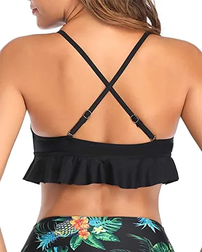 Adjustable Strap Ruffle Flounce Push Up Bikini Top-Black