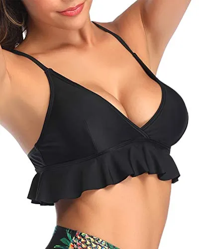 Adjustable Strap Ruffle Flounce Push Up Bikini Top-Black