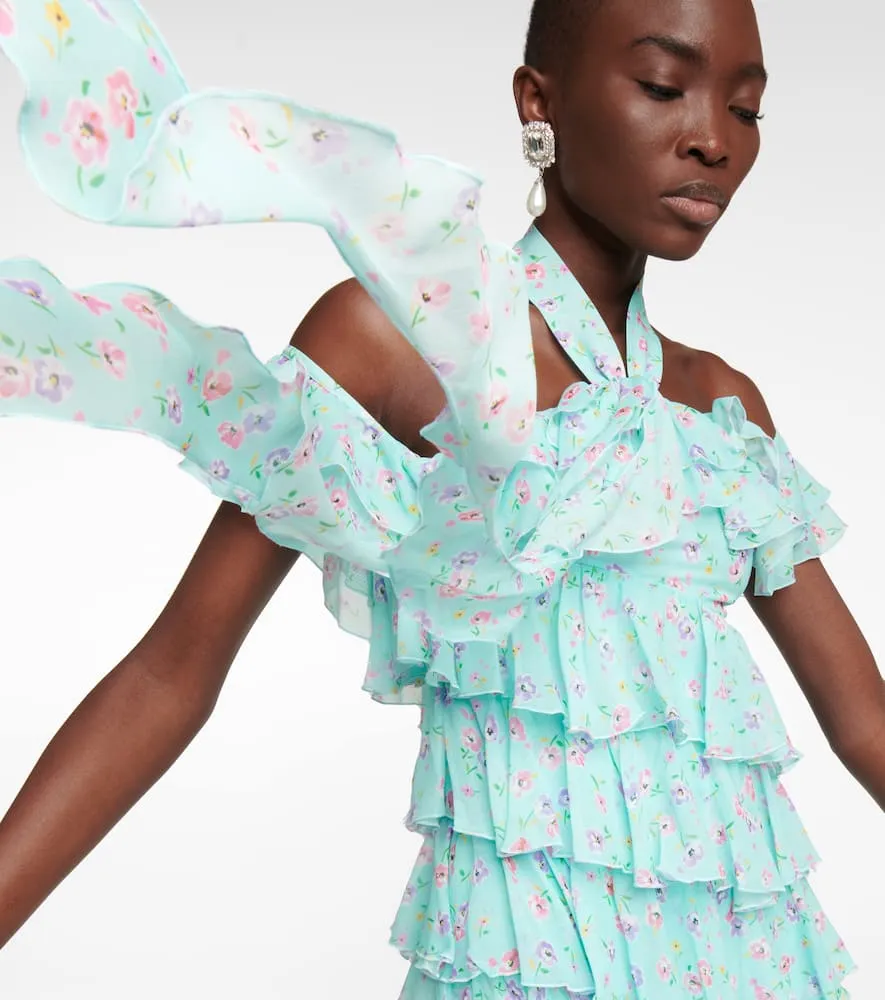 Alessandra Rich Halterneck ruffle-detail silk minidress