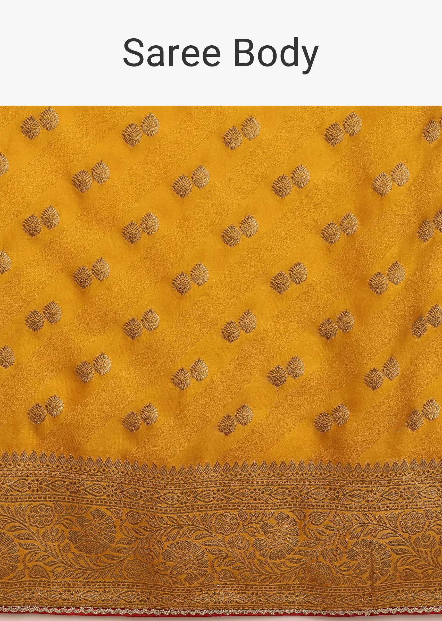Amber Yellow Saree In Satin With Woven Golden Buttis And Floral Pallu Design