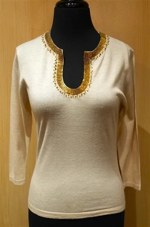Armand Diradourian Gold Metal Sequined Trim Sweater
