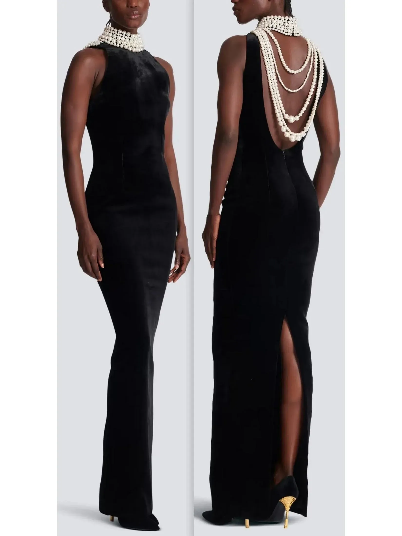 Bead-Halterneck Long Velvet Dress
