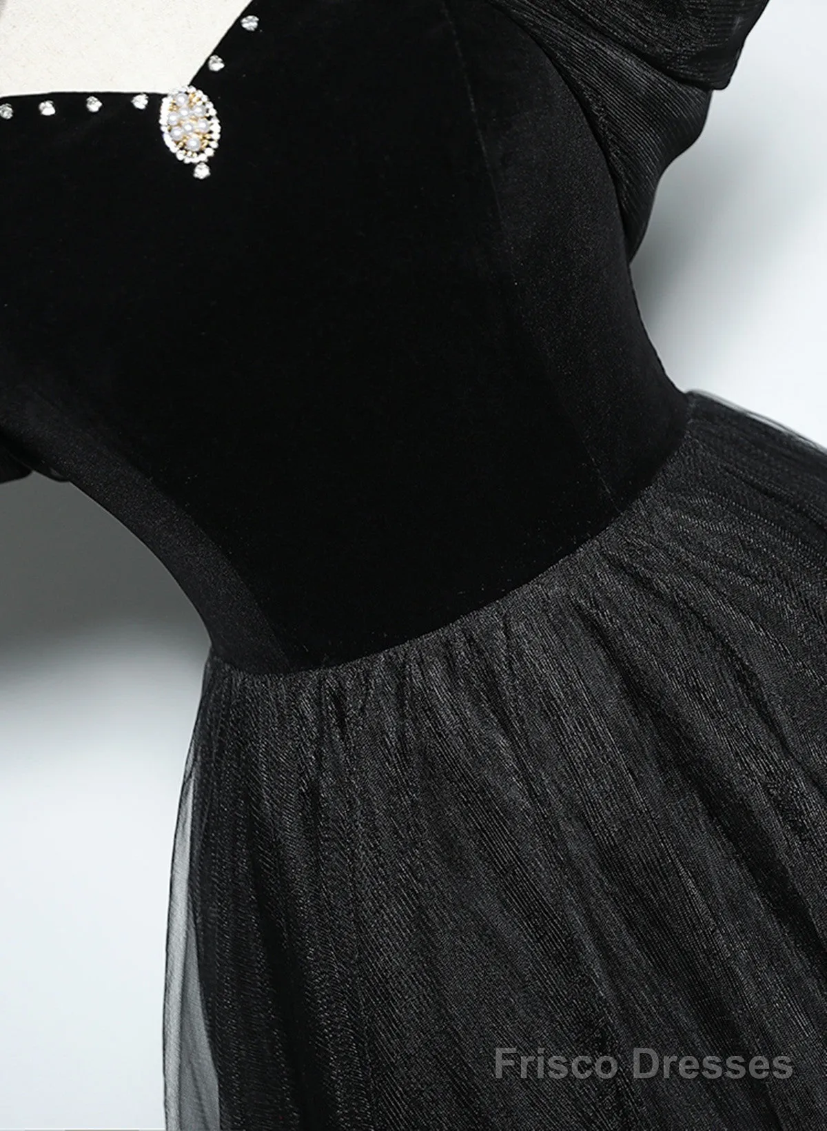 Black Haler Tulle And Velvet Long Prom Dress, Black A-Line Tulle Evening Dress