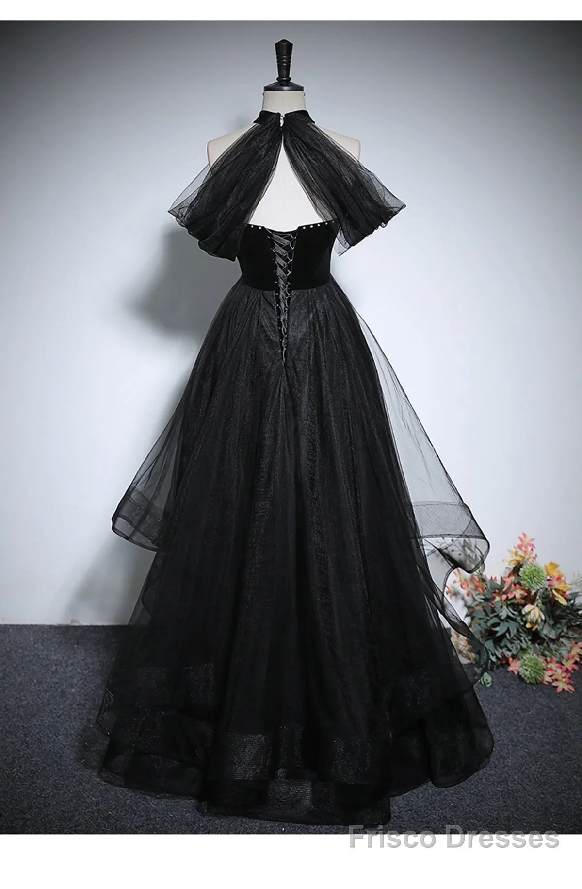 Black Haler Tulle And Velvet Long Prom Dress, Black A-Line Tulle Evening Dress