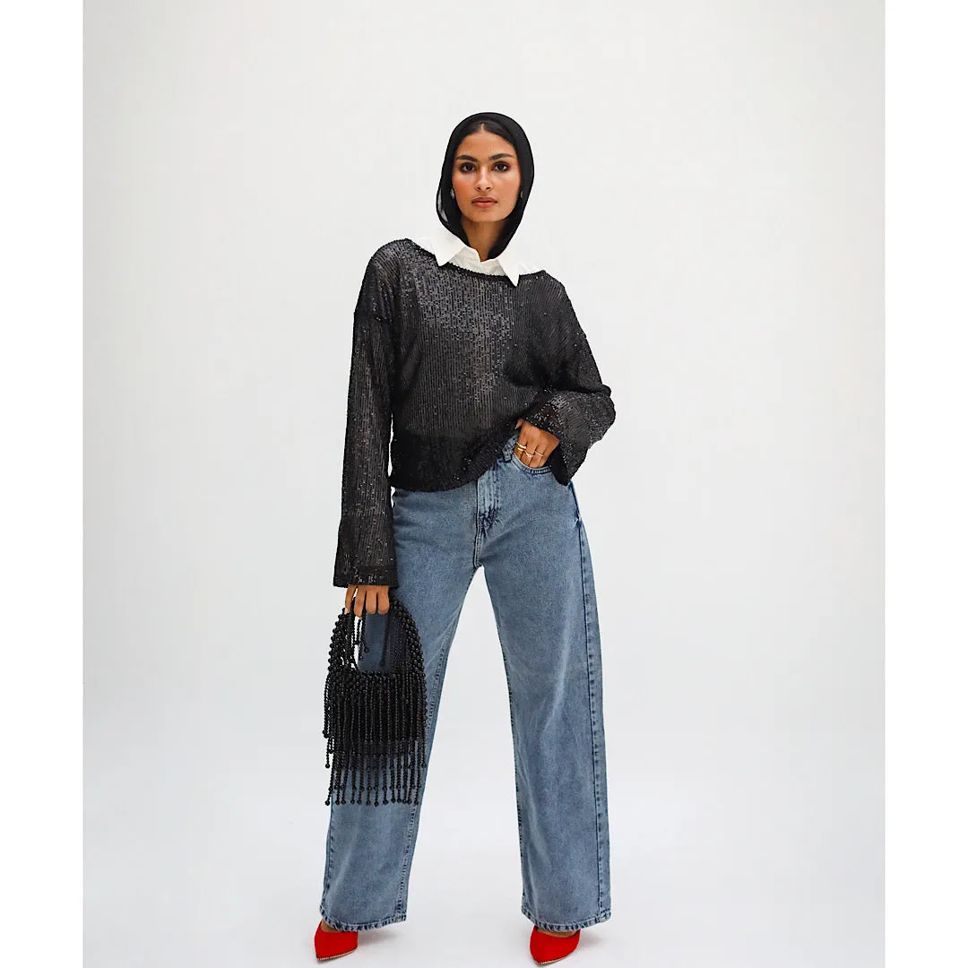 Black open knit sequin top
