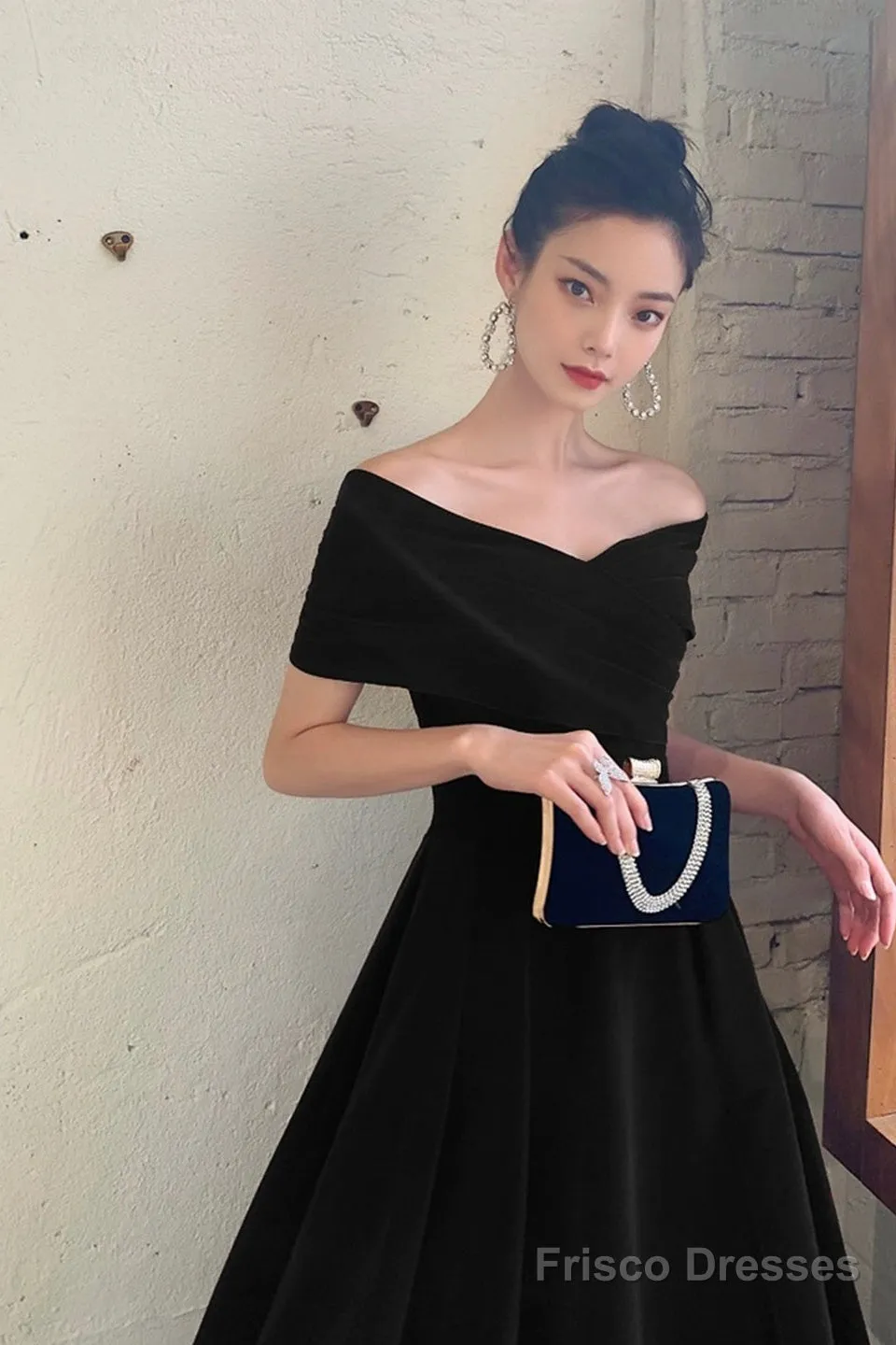 Black V-Neck Velvet Knee Length Prom Dress, Black Evening Party Dress