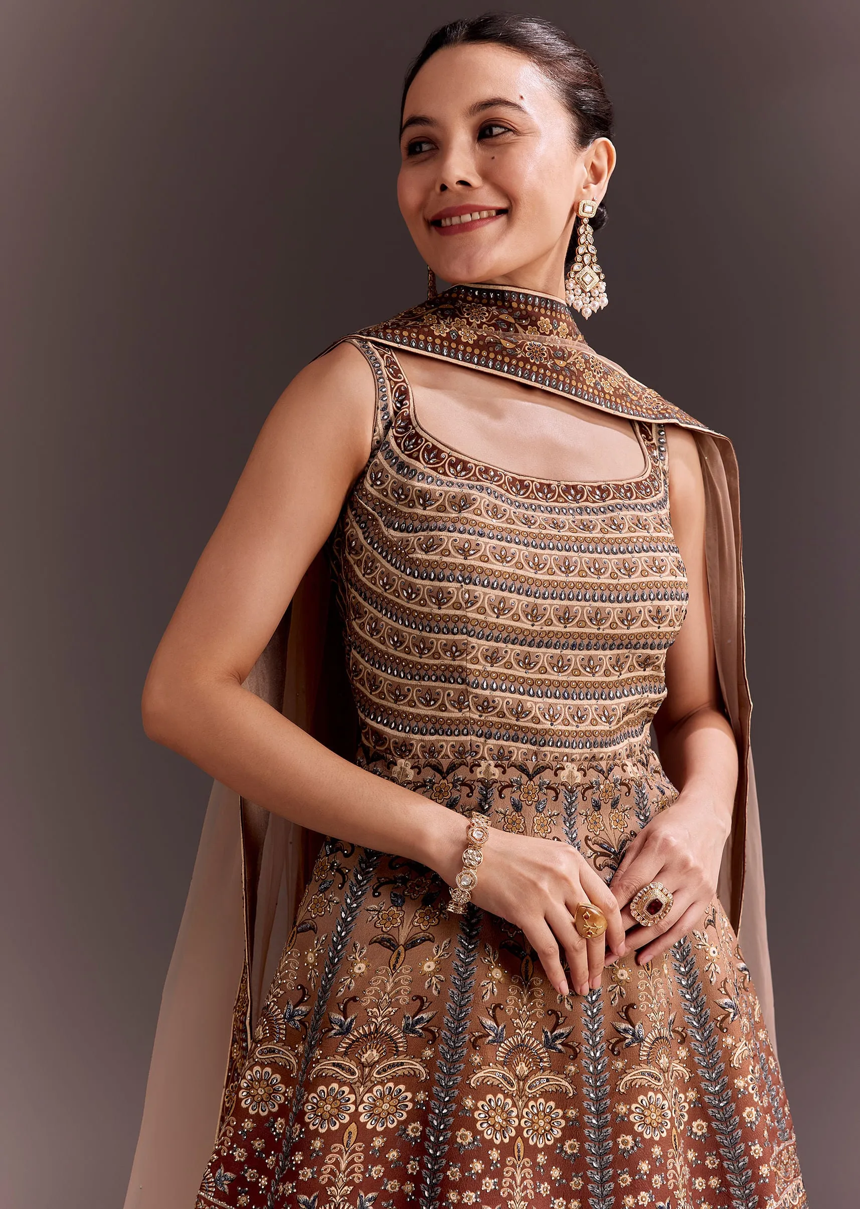 Brown Embroidered Palazzo Set With Peplum Kurta