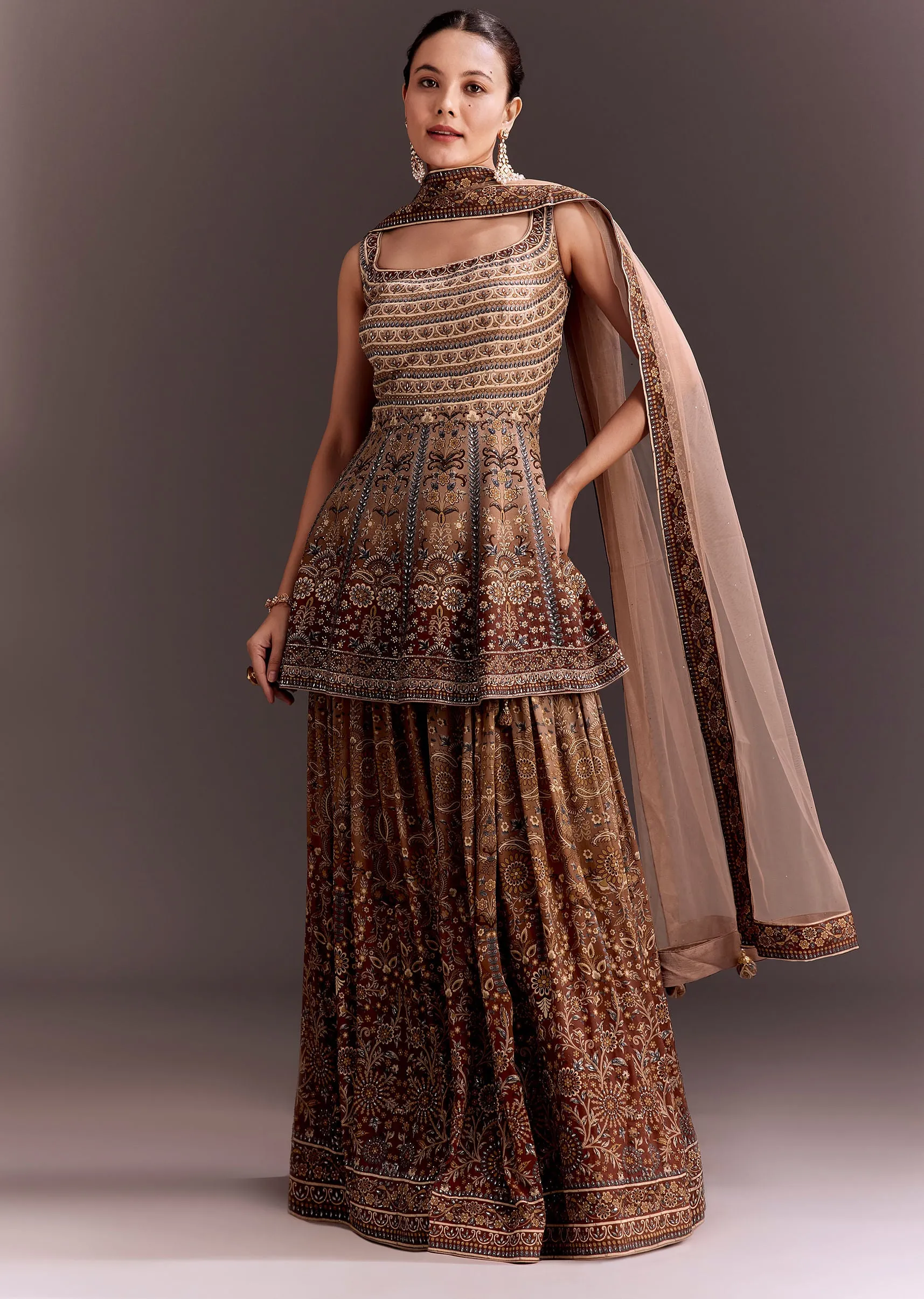 Brown Embroidered Palazzo Set With Peplum Kurta