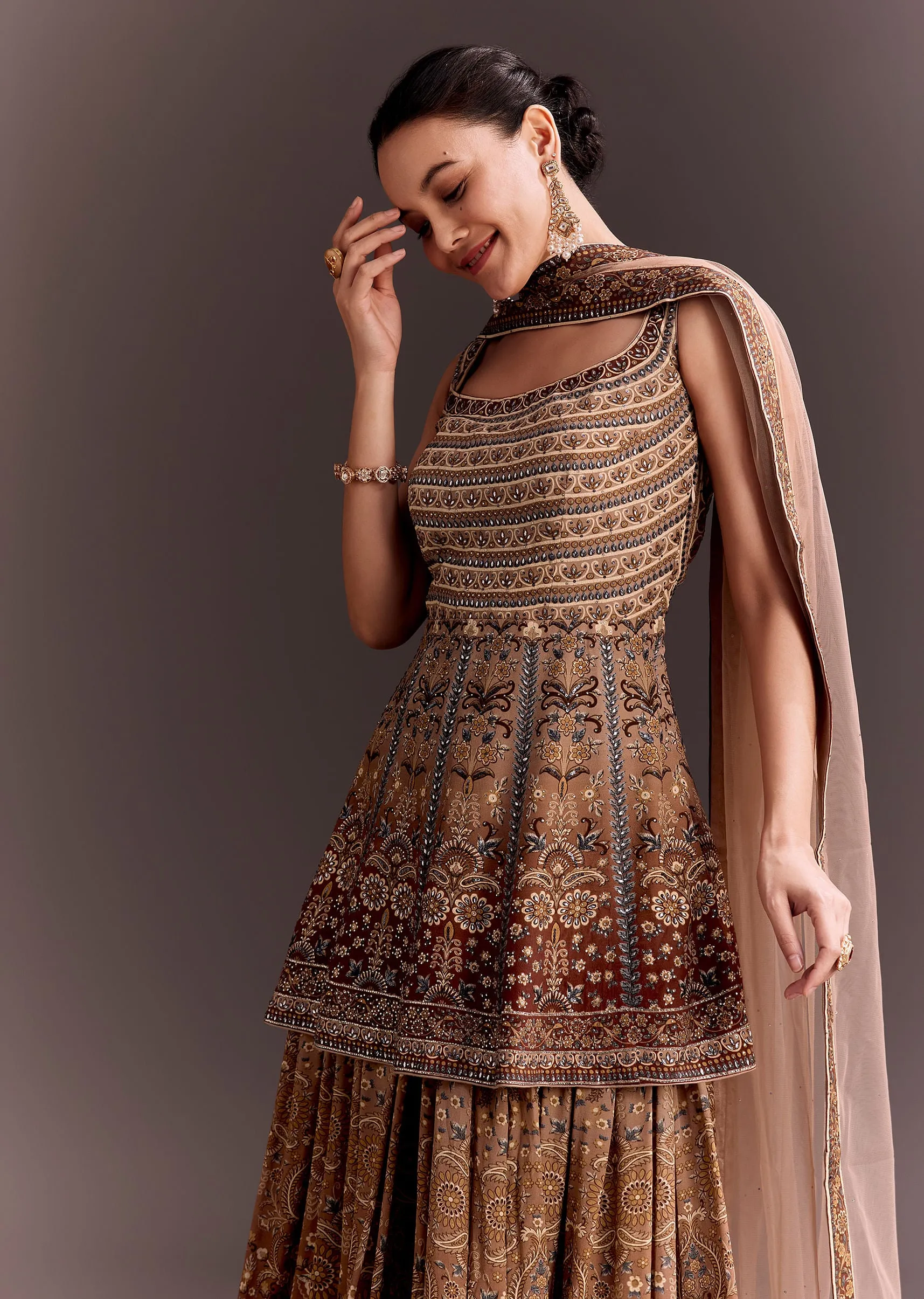 Brown Embroidered Palazzo Set With Peplum Kurta