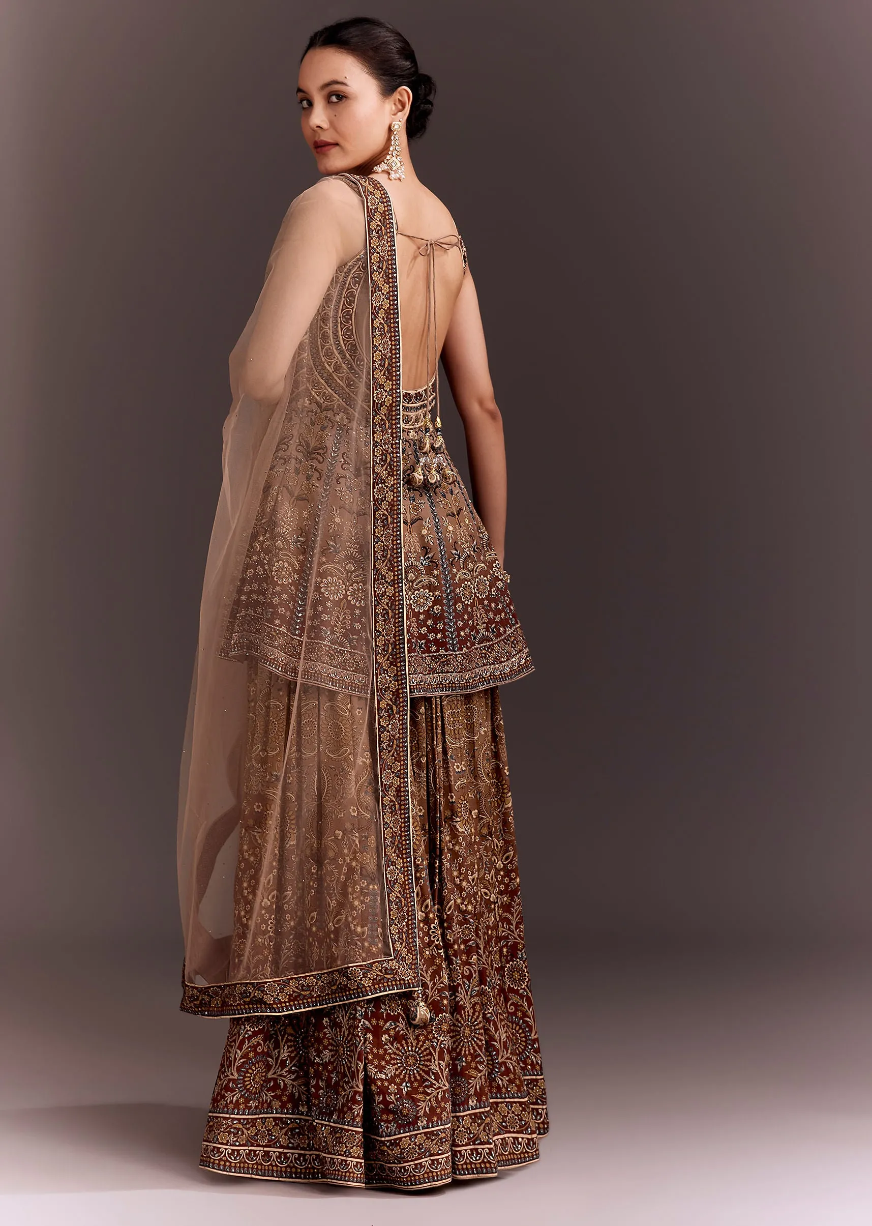 Brown Embroidered Palazzo Set With Peplum Kurta