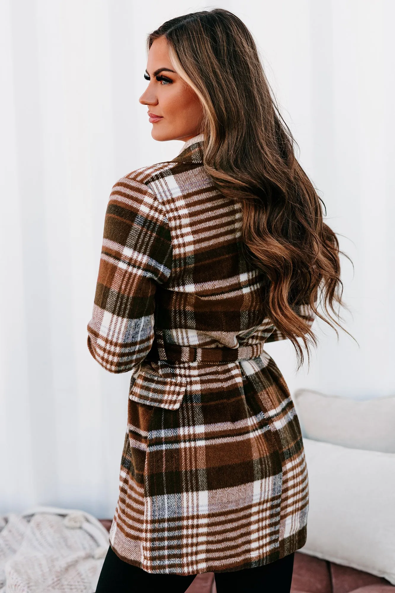 Can't Help But Wonder Belted Plaid Coat (Brown)