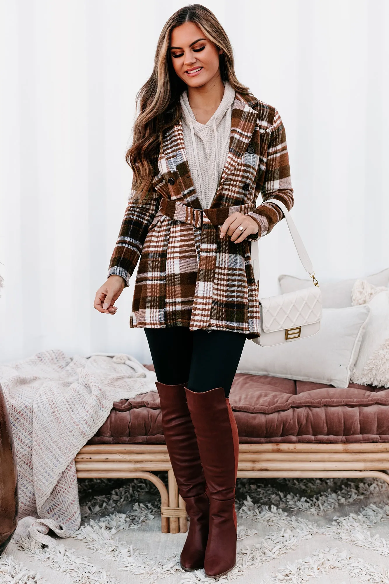 Can't Help But Wonder Belted Plaid Coat (Brown)