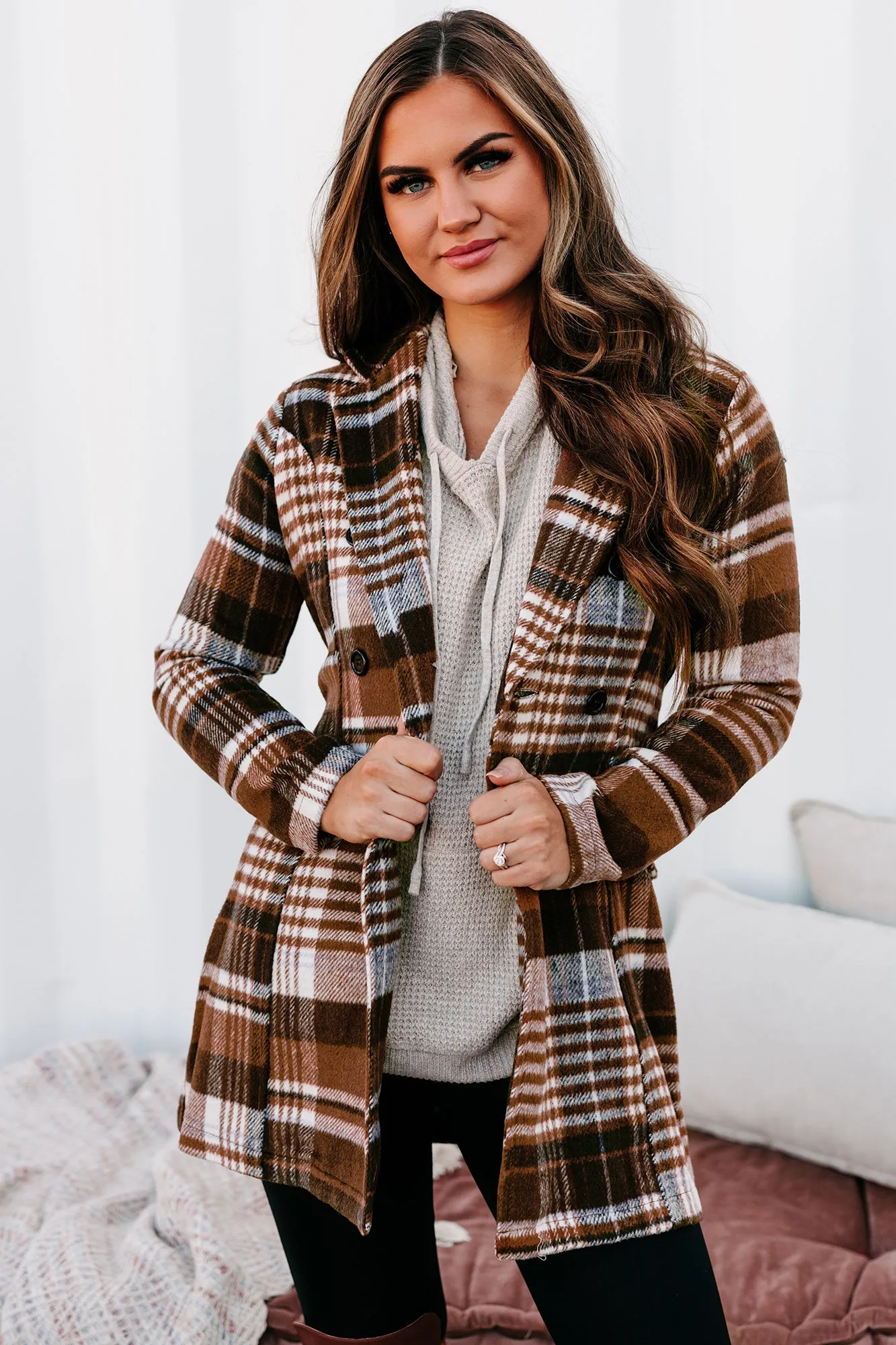 Can't Help But Wonder Belted Plaid Coat (Brown)