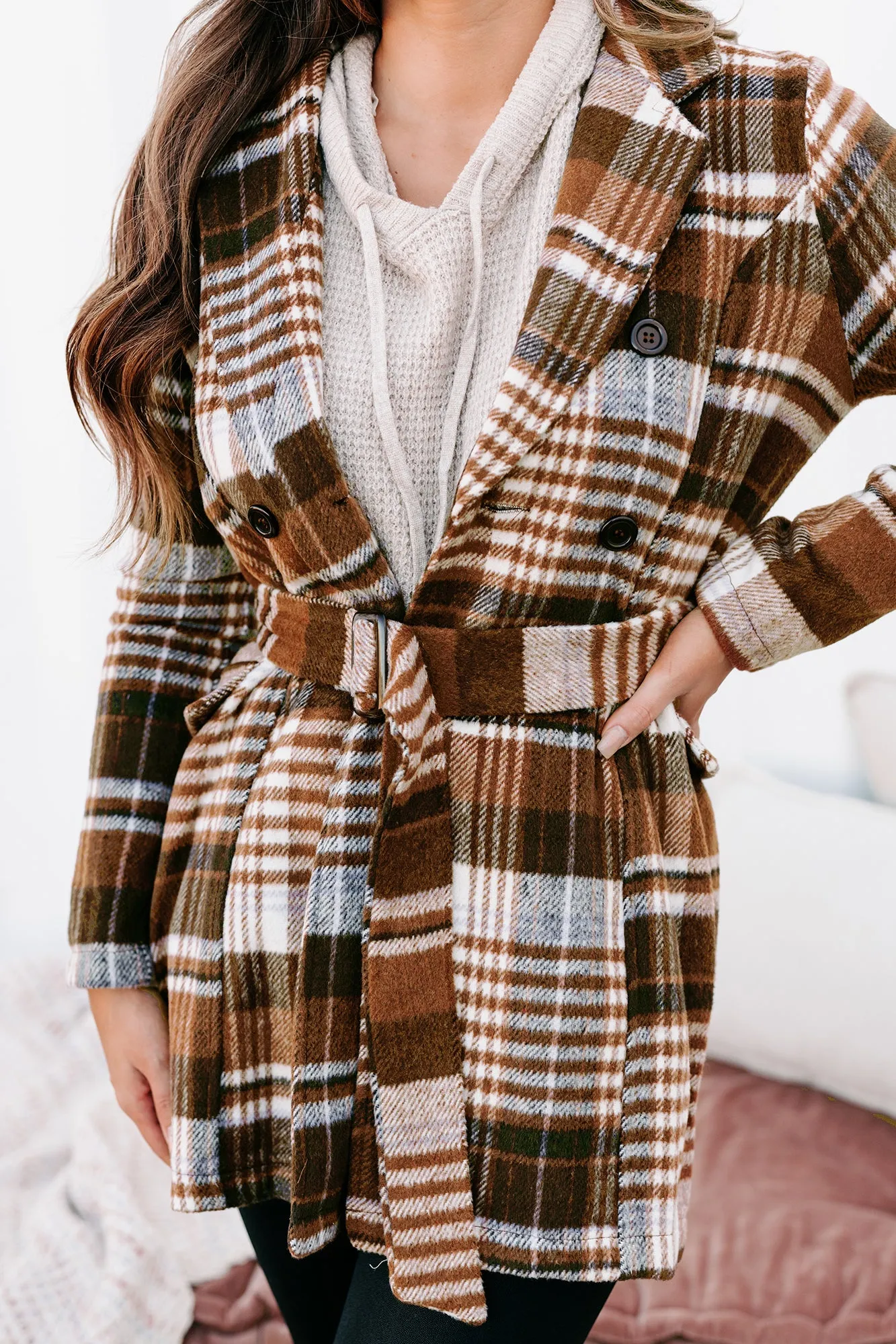 Can't Help But Wonder Belted Plaid Coat (Brown)