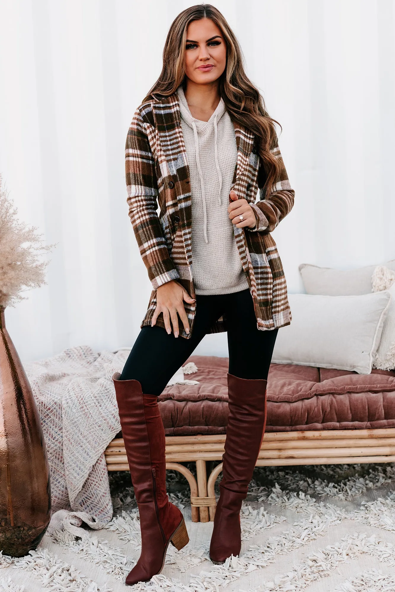 Can't Help But Wonder Belted Plaid Coat (Brown)