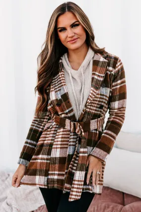 Can't Help But Wonder Belted Plaid Coat (Brown)