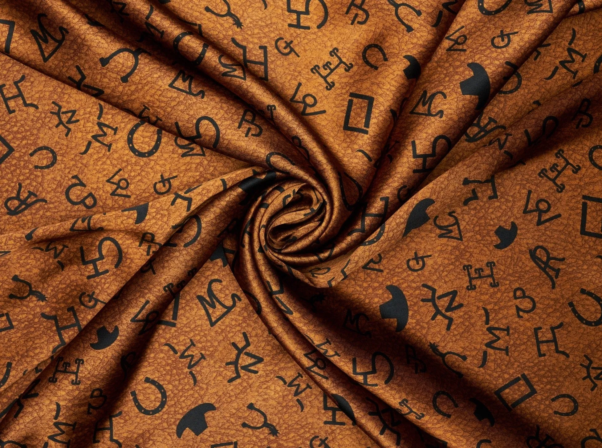 Charmeuse Satin print fabric by the yard - Brands spurs and hats  - western print