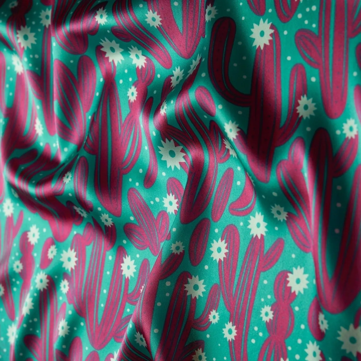 Charmeuse Satin print fabric by the yard - Cactus and dainty flowers - western print