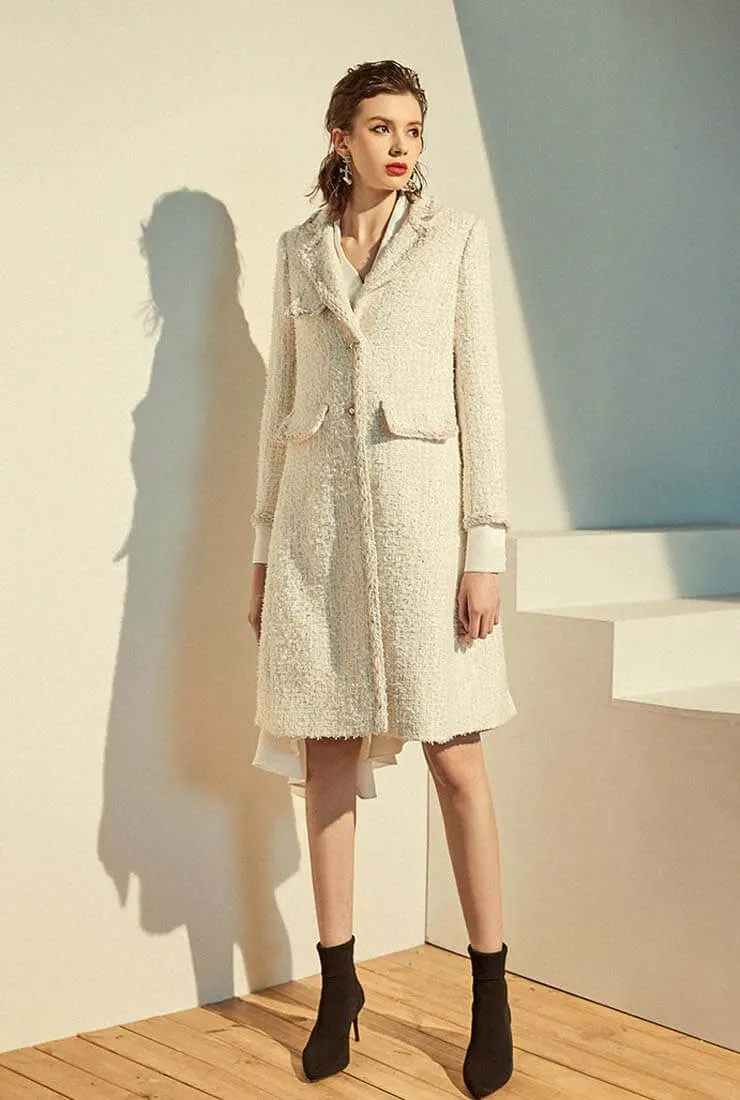 Classic White Tweed Long Trench Coat