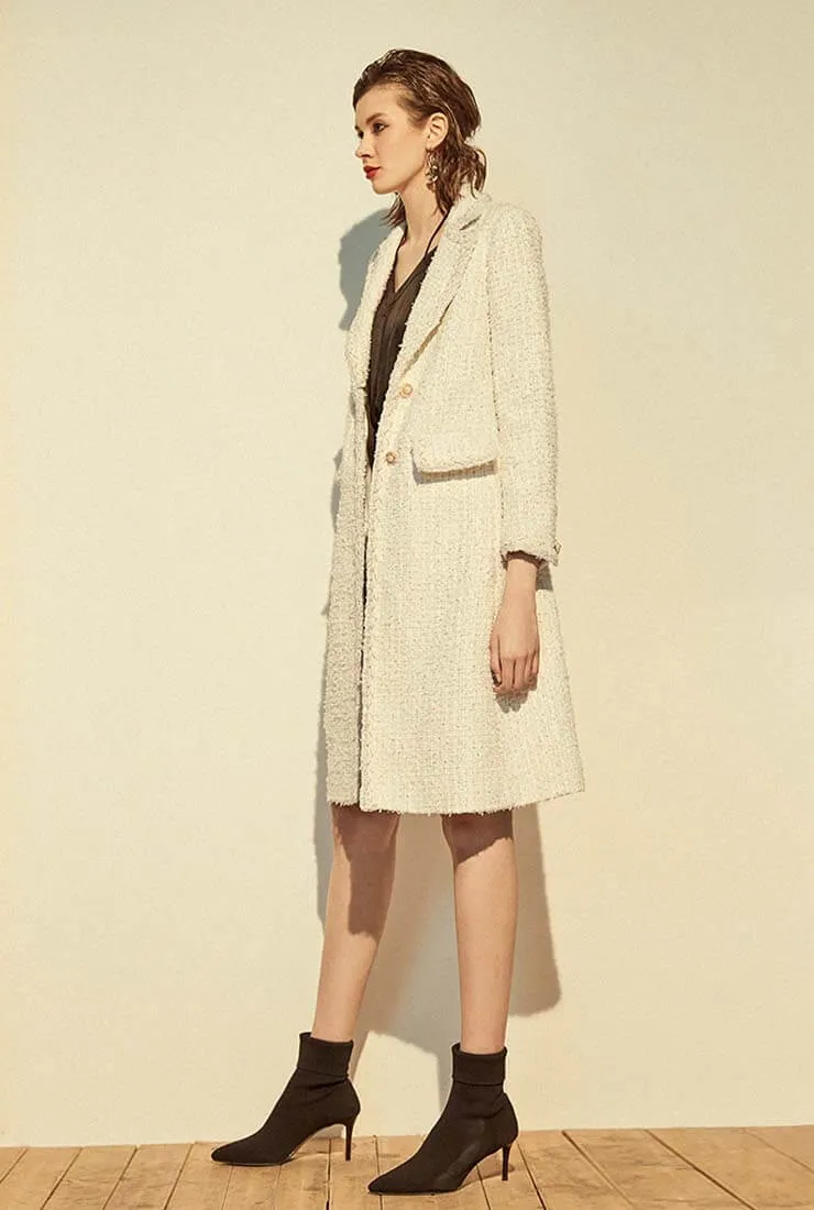 Classic White Tweed Long Trench Coat