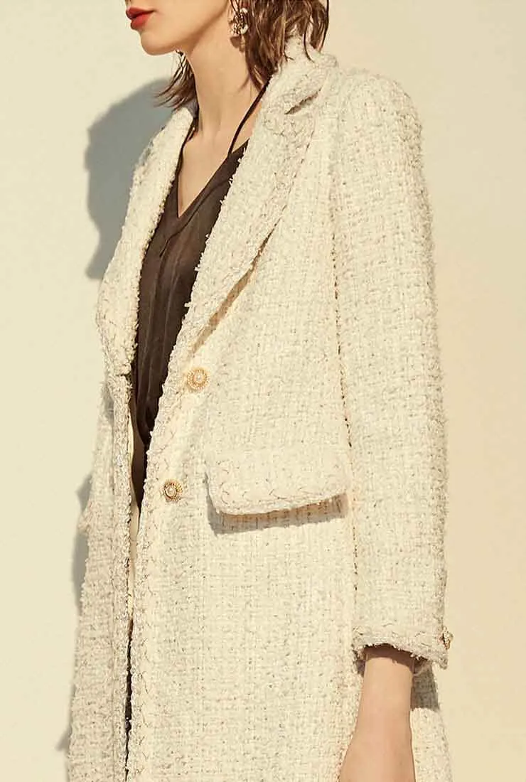Classic White Tweed Long Trench Coat