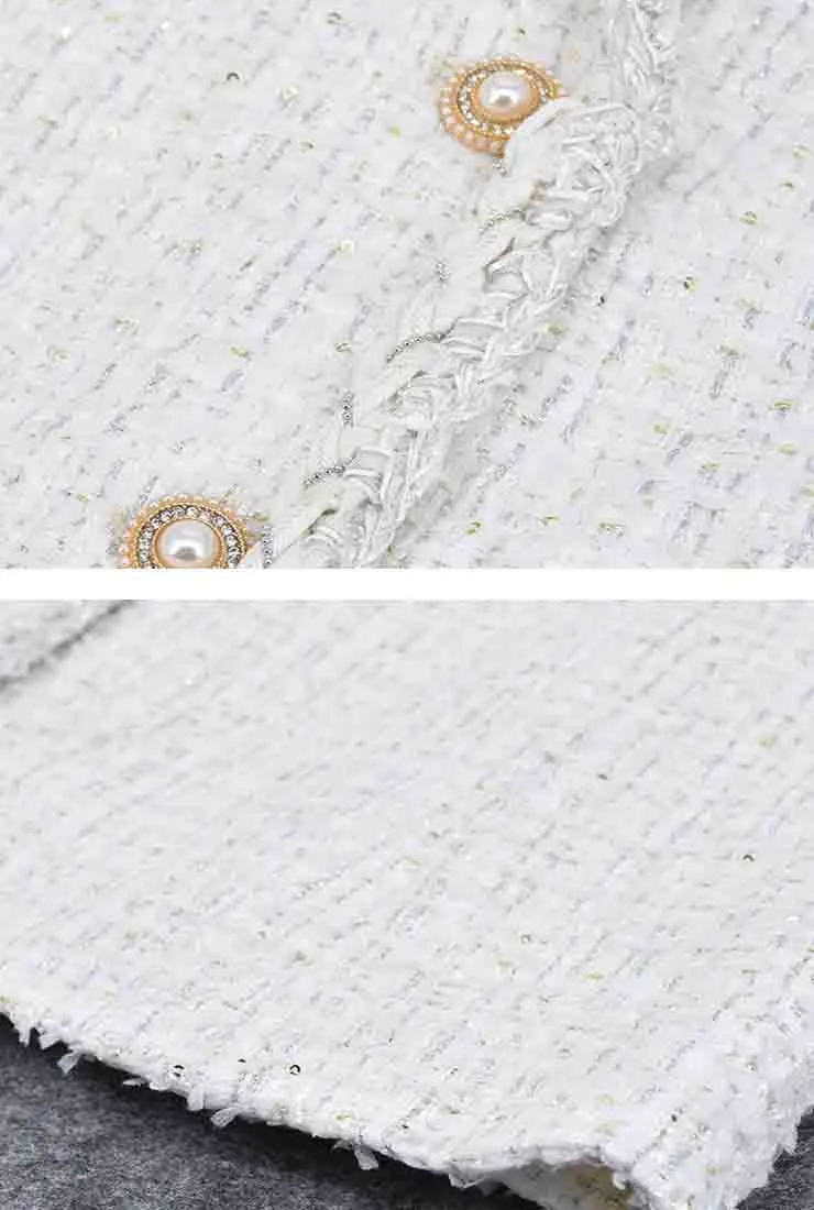 Classic White Tweed Long Trench Coat