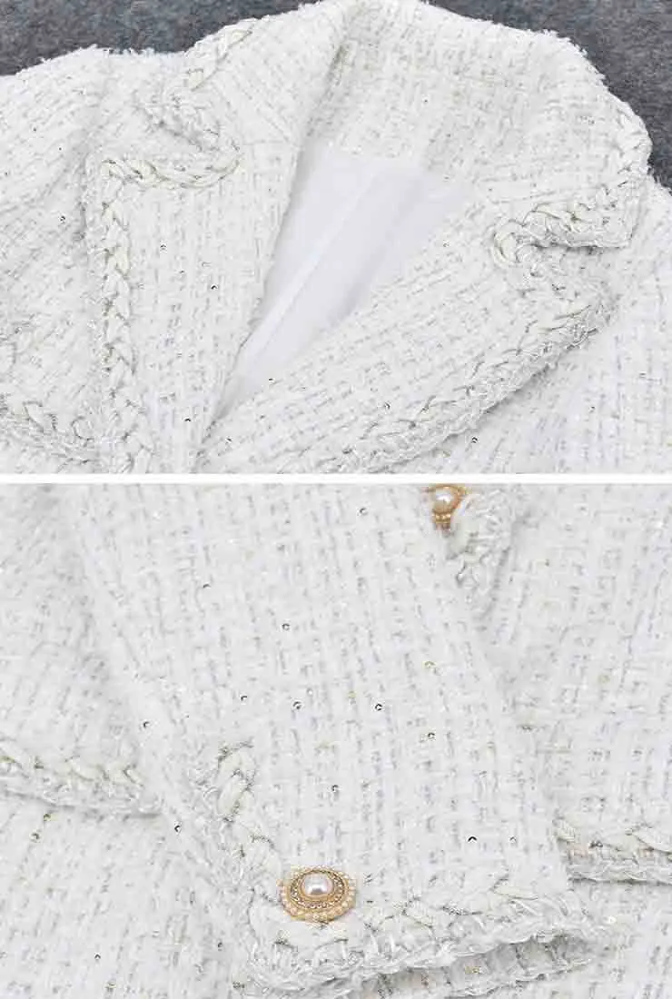 Classic White Tweed Long Trench Coat