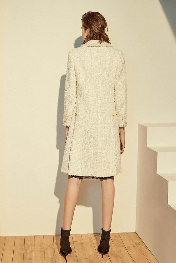 Classic White Tweed Long Trench Coat