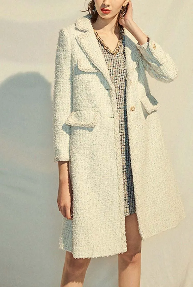 Classic White Tweed Long Trench Coat