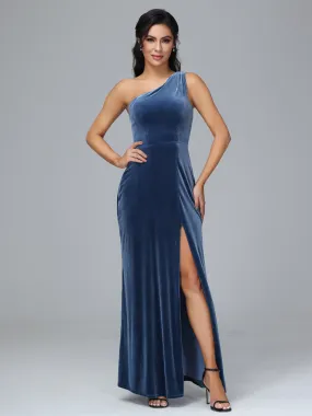 Column One Shoulder Zipper Velvet Bridesmaid Dresses