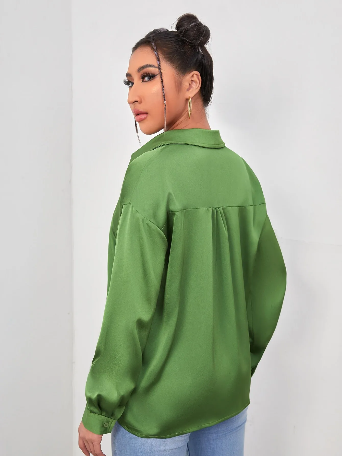 Drop Shoulder Button Front Satin Blouse