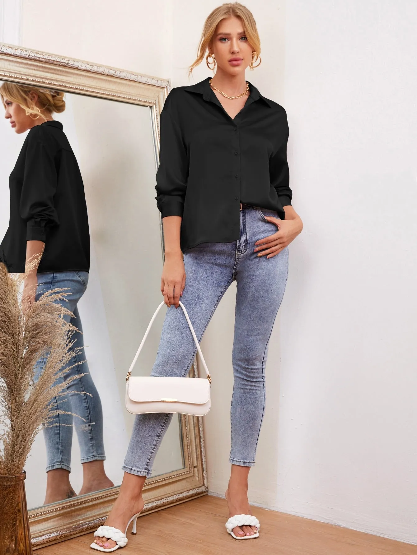 Drop Shoulder Button Front Satin Blouse