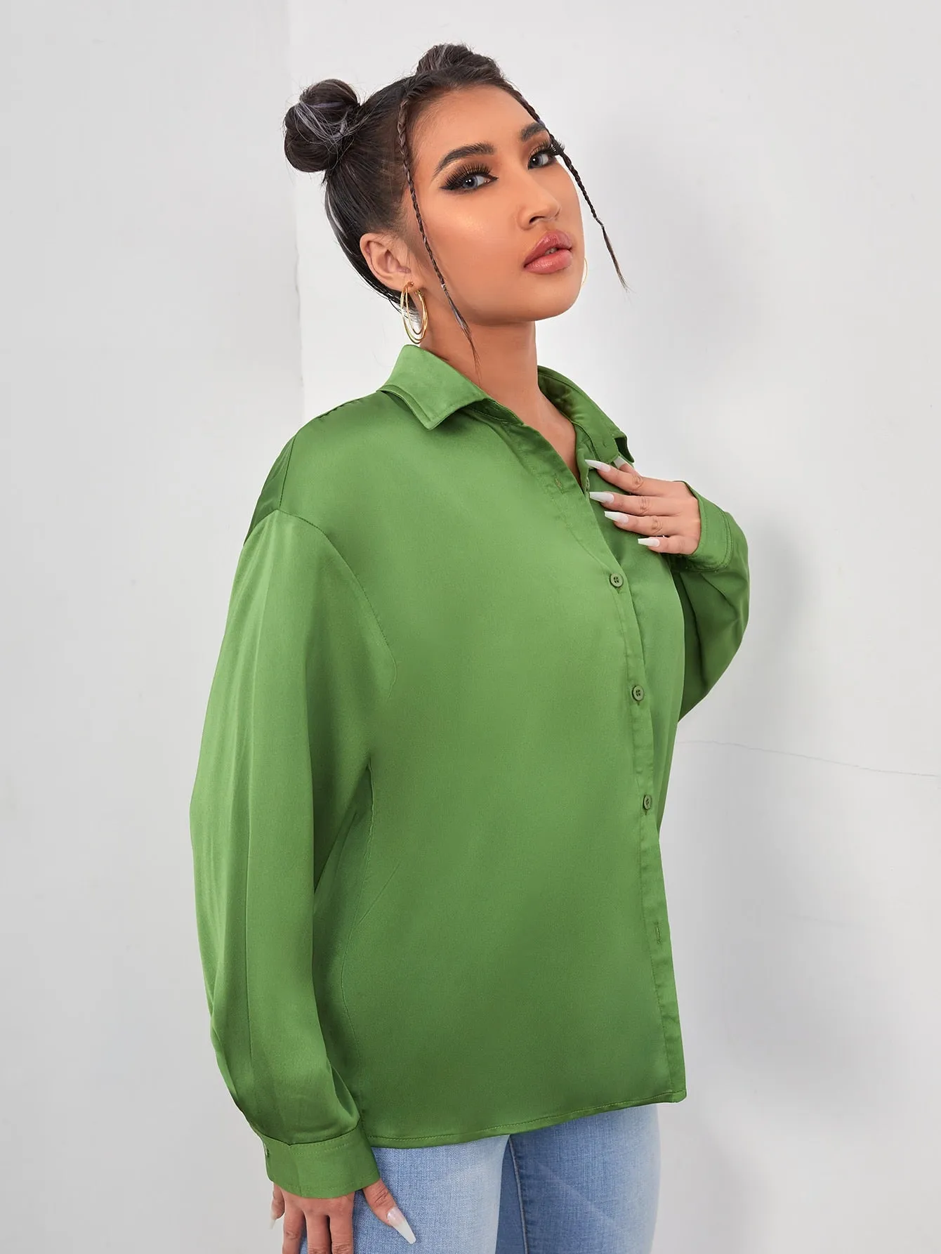 Drop Shoulder Button Front Satin Blouse