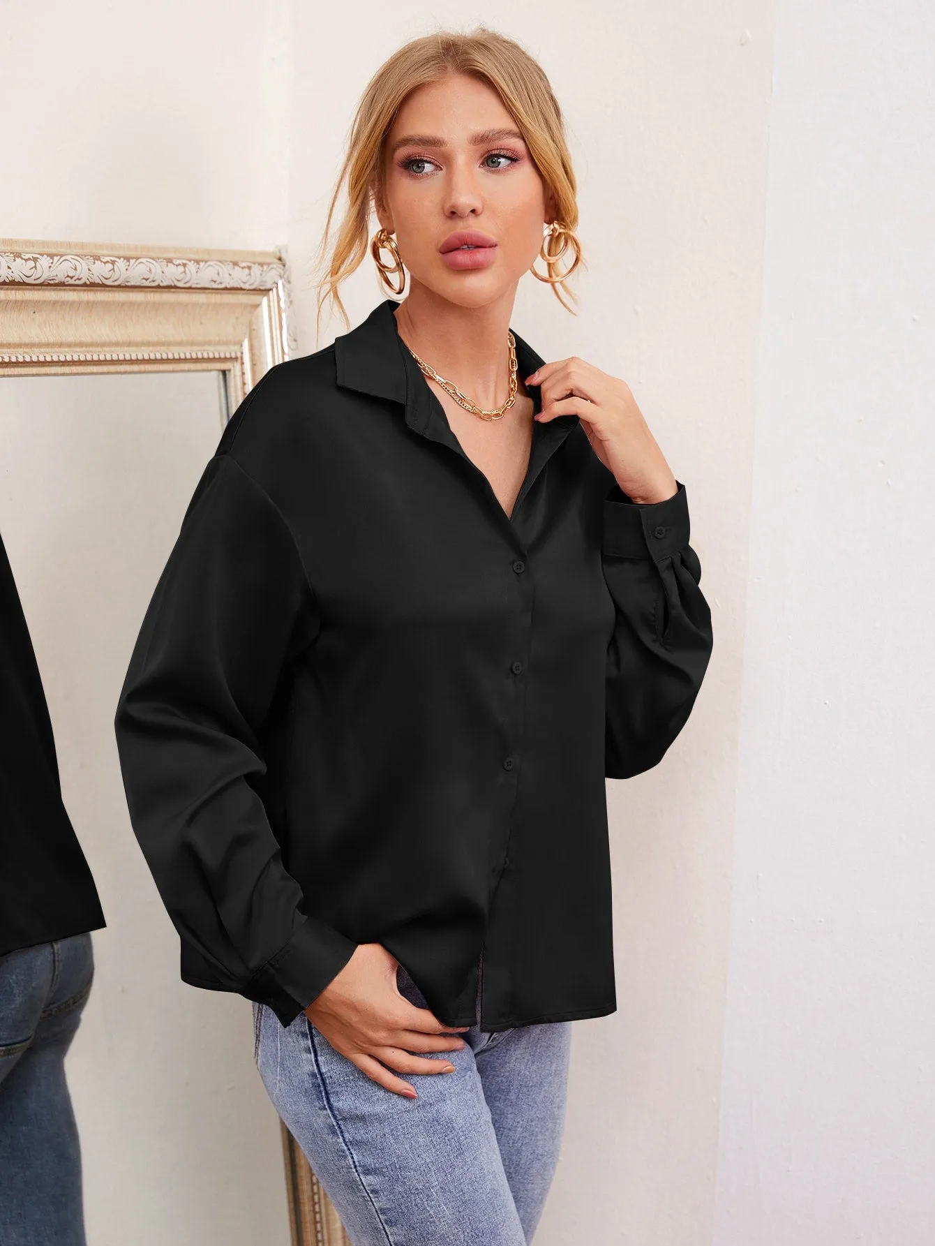 Drop Shoulder Button Front Satin Blouse