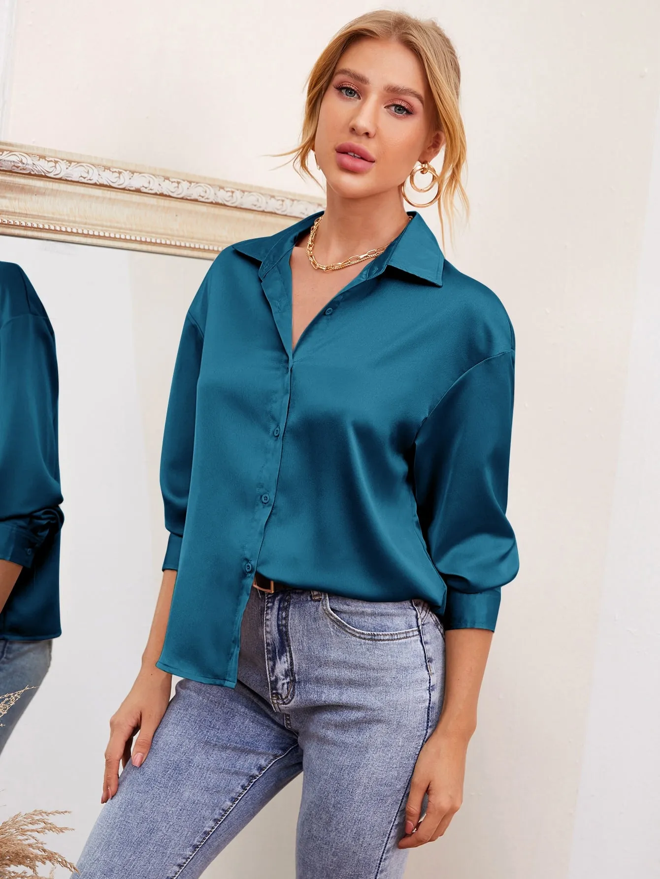 Drop Shoulder Button Front Satin Blouse