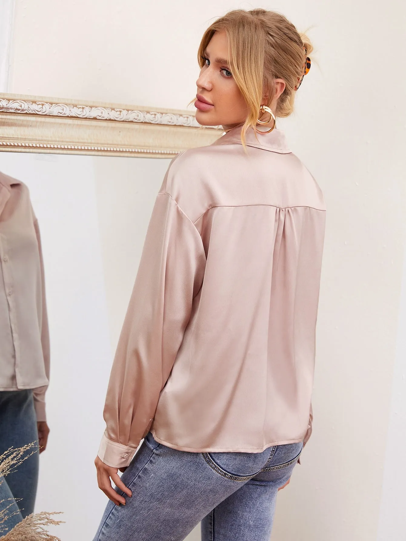 Drop Shoulder Button Front Satin Blouse