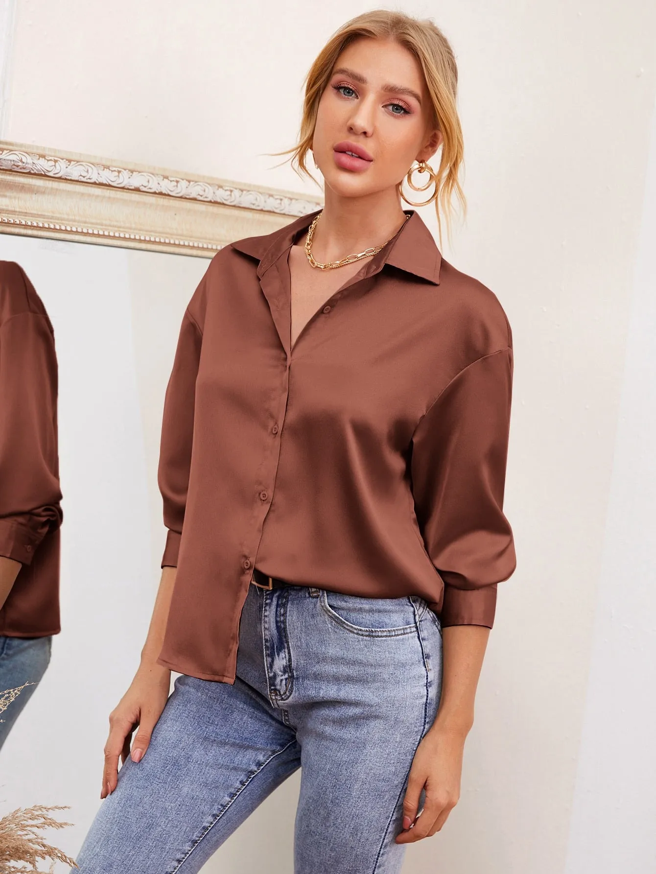 Drop Shoulder Button Front Satin Blouse