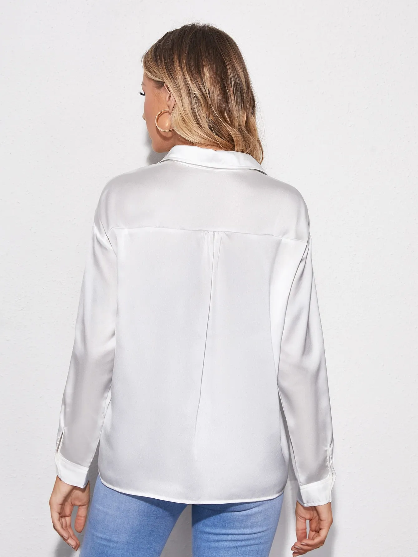 Drop Shoulder Button Front Satin Blouse