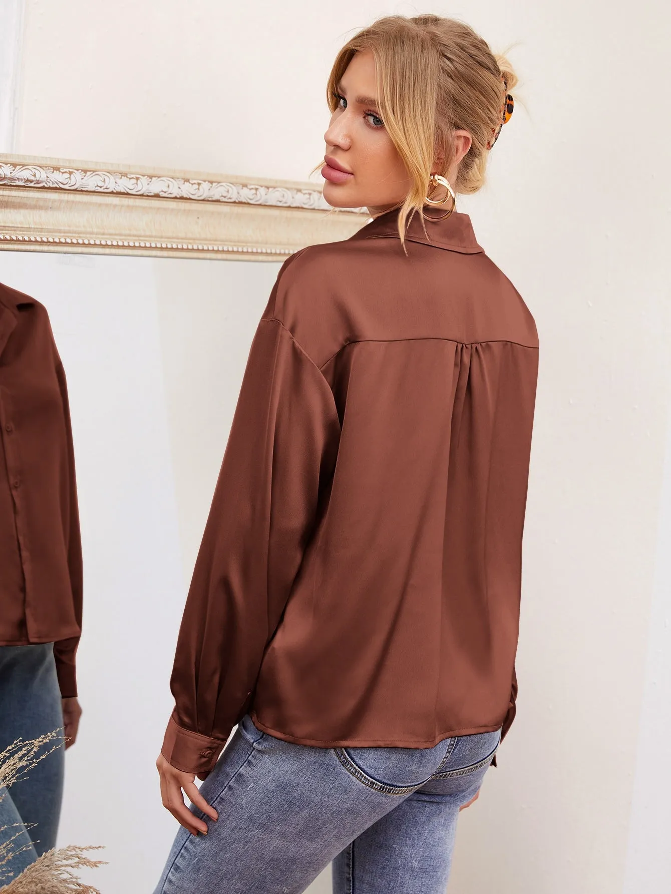 Drop Shoulder Button Front Satin Blouse