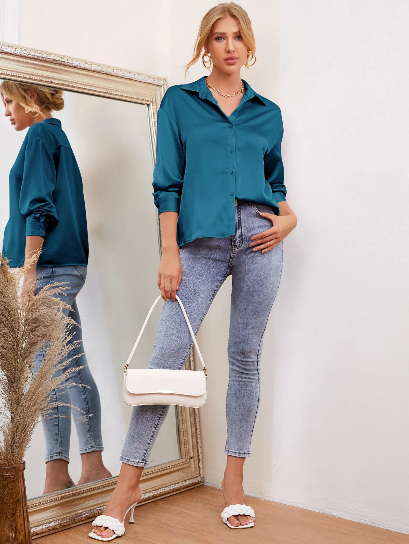 Drop Shoulder Button Front Satin Blouse