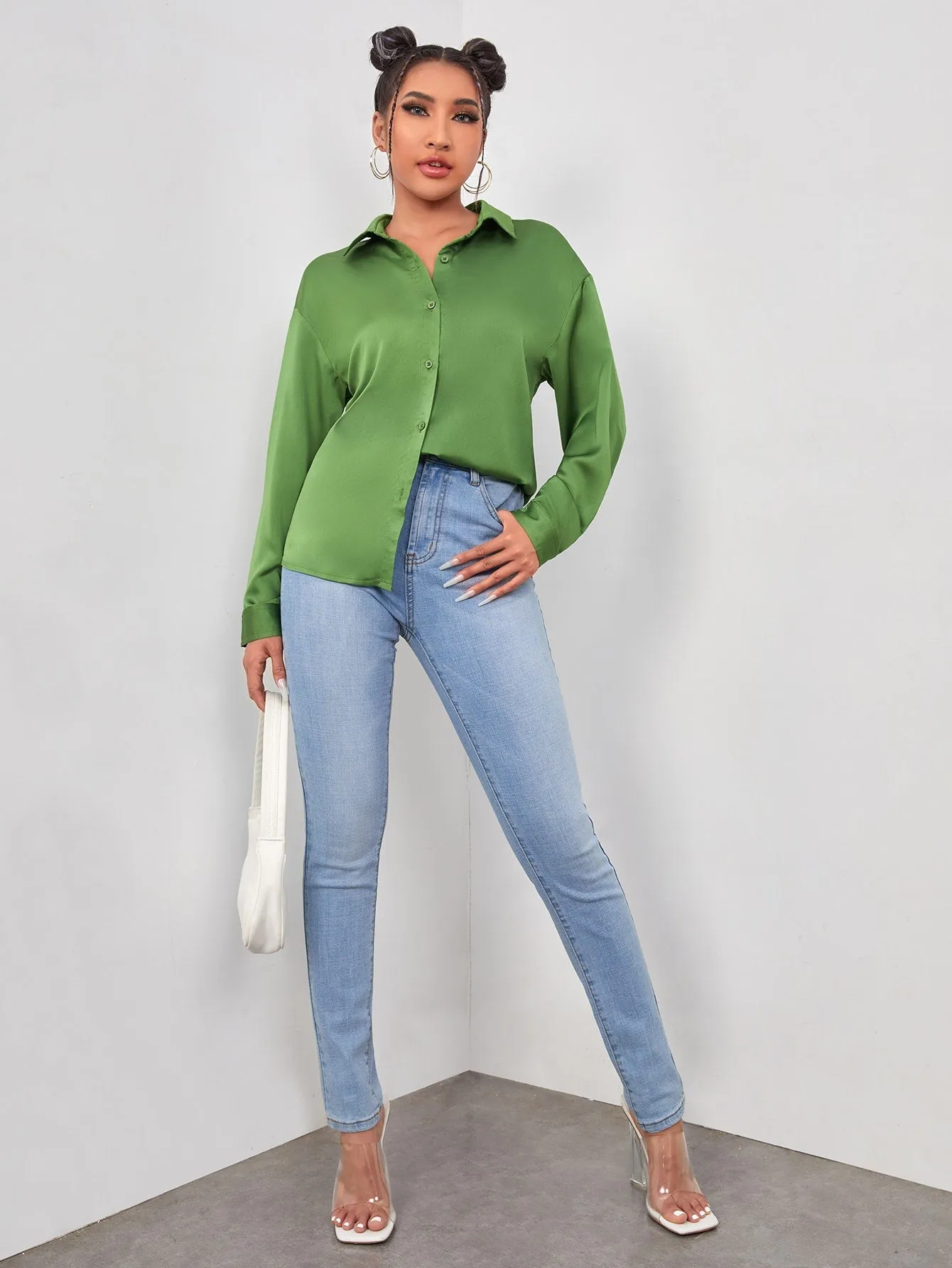 Drop Shoulder Button Front Satin Blouse