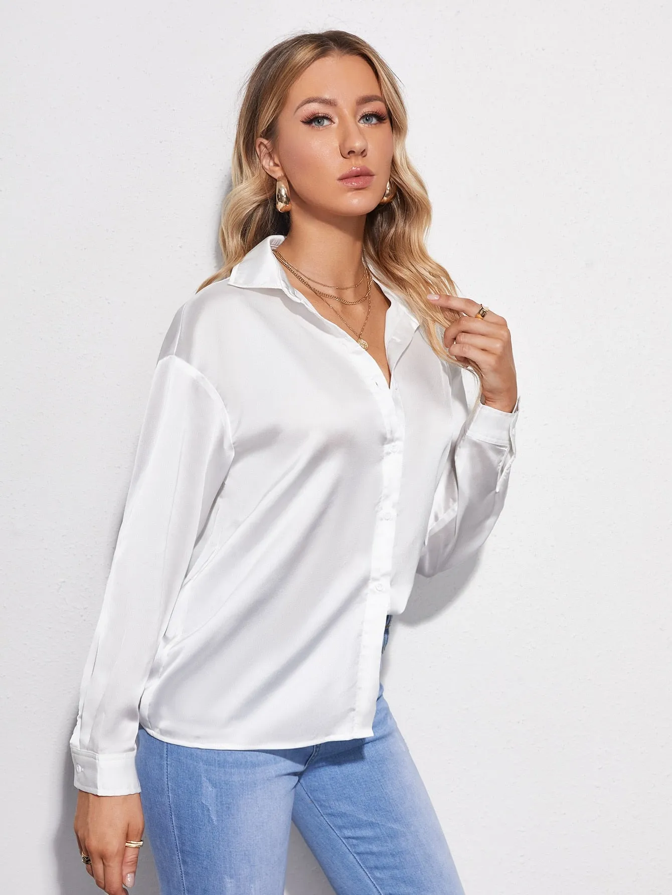 Drop Shoulder Button Front Satin Blouse