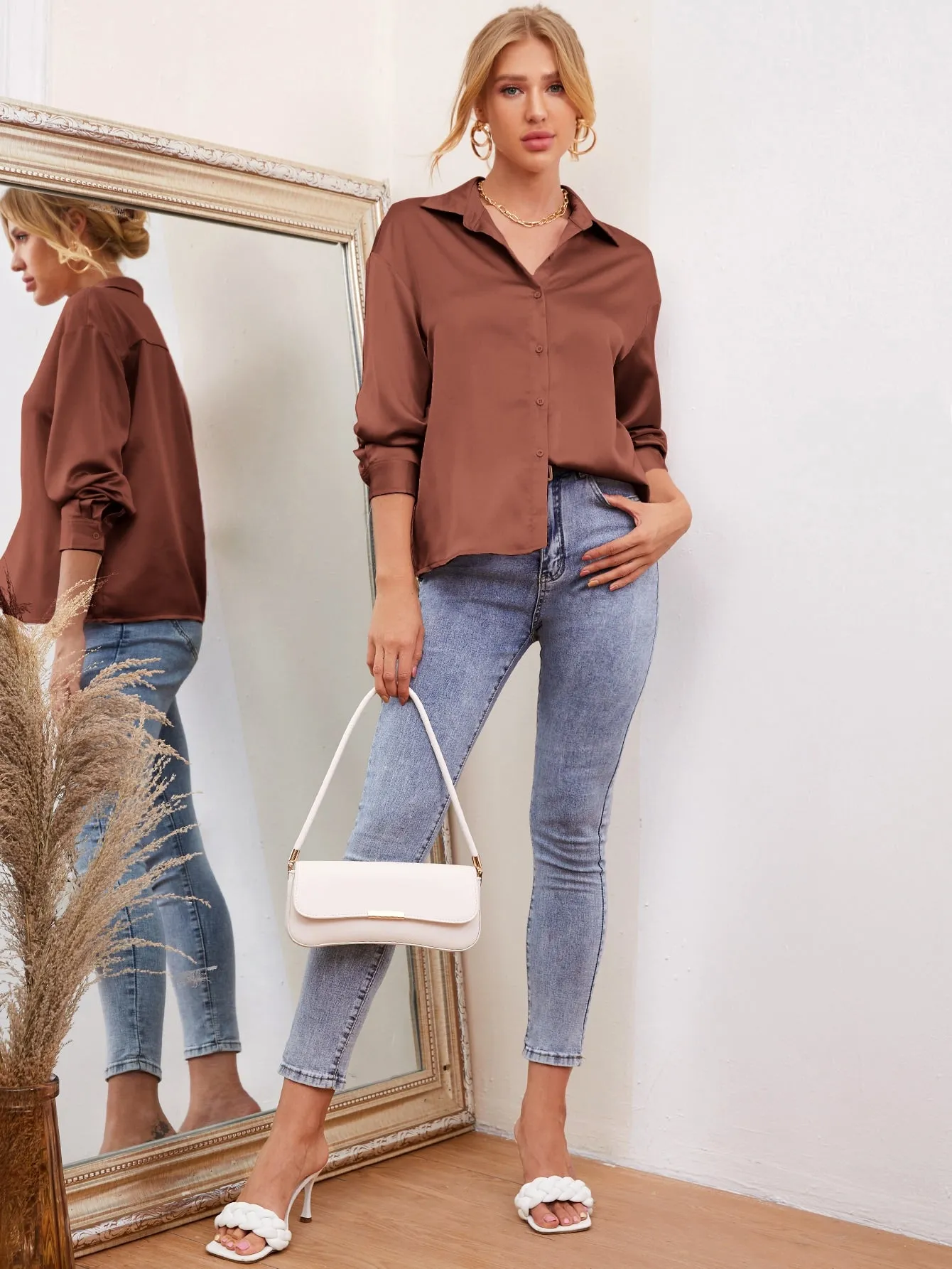 Drop Shoulder Button Front Satin Blouse