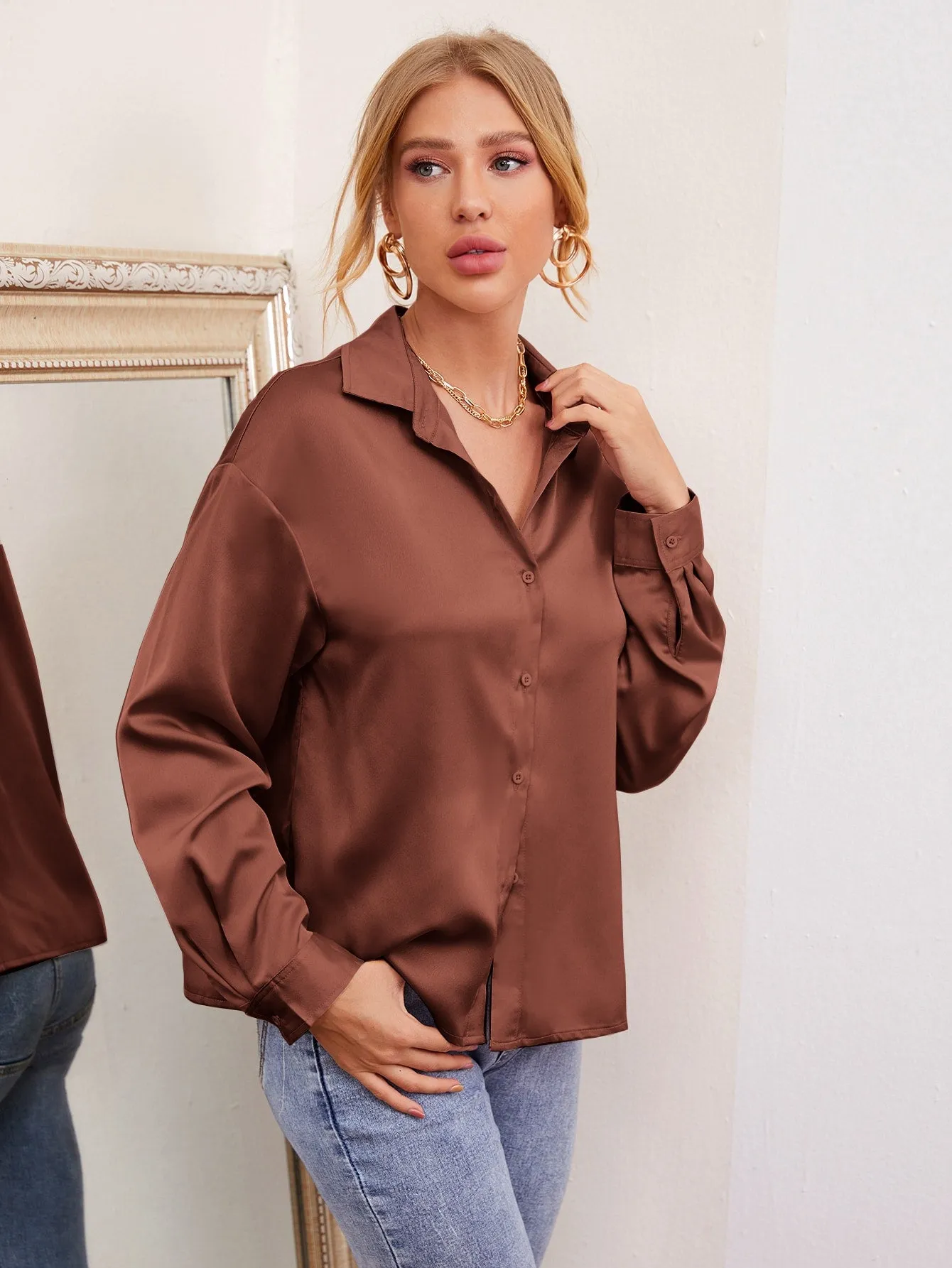 Drop Shoulder Button Front Satin Blouse