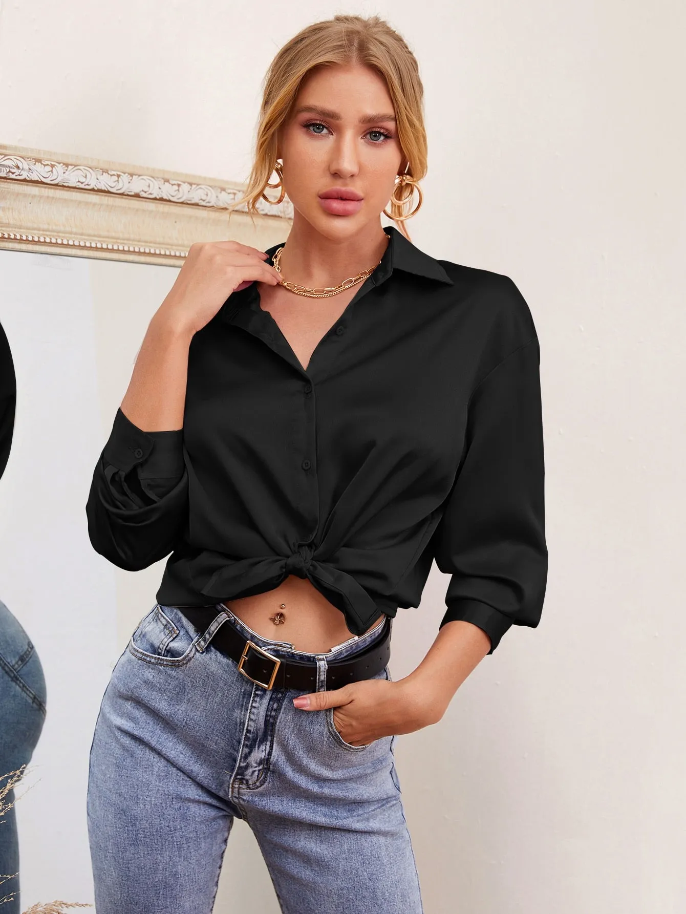 Drop Shoulder Button Front Satin Blouse