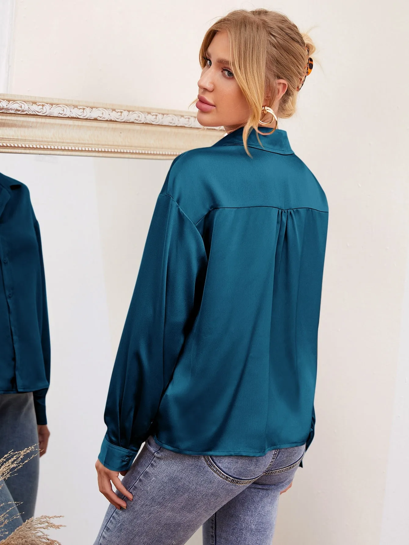 Drop Shoulder Button Front Satin Blouse